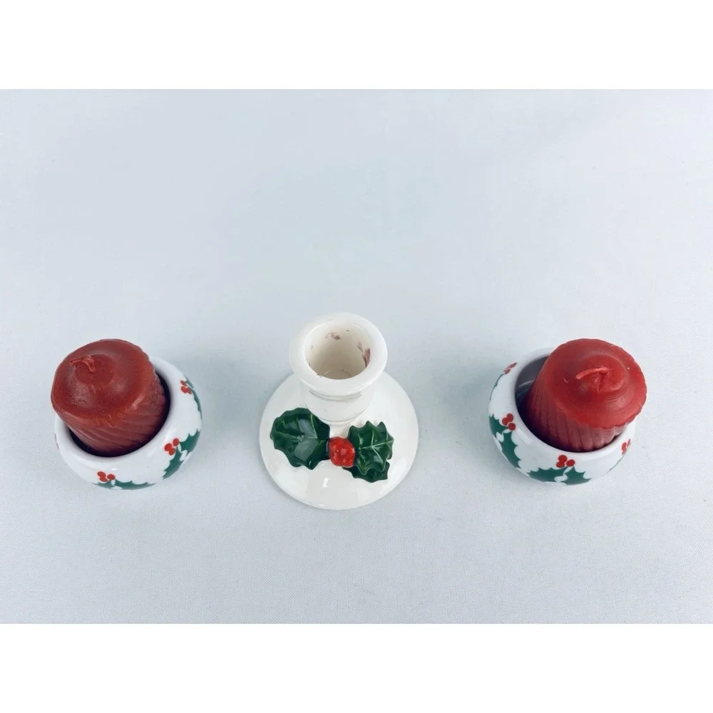 Vintage Holly Ivy‎ Taper Candlestick Holders Christmas Decor - Lot Of 3 -